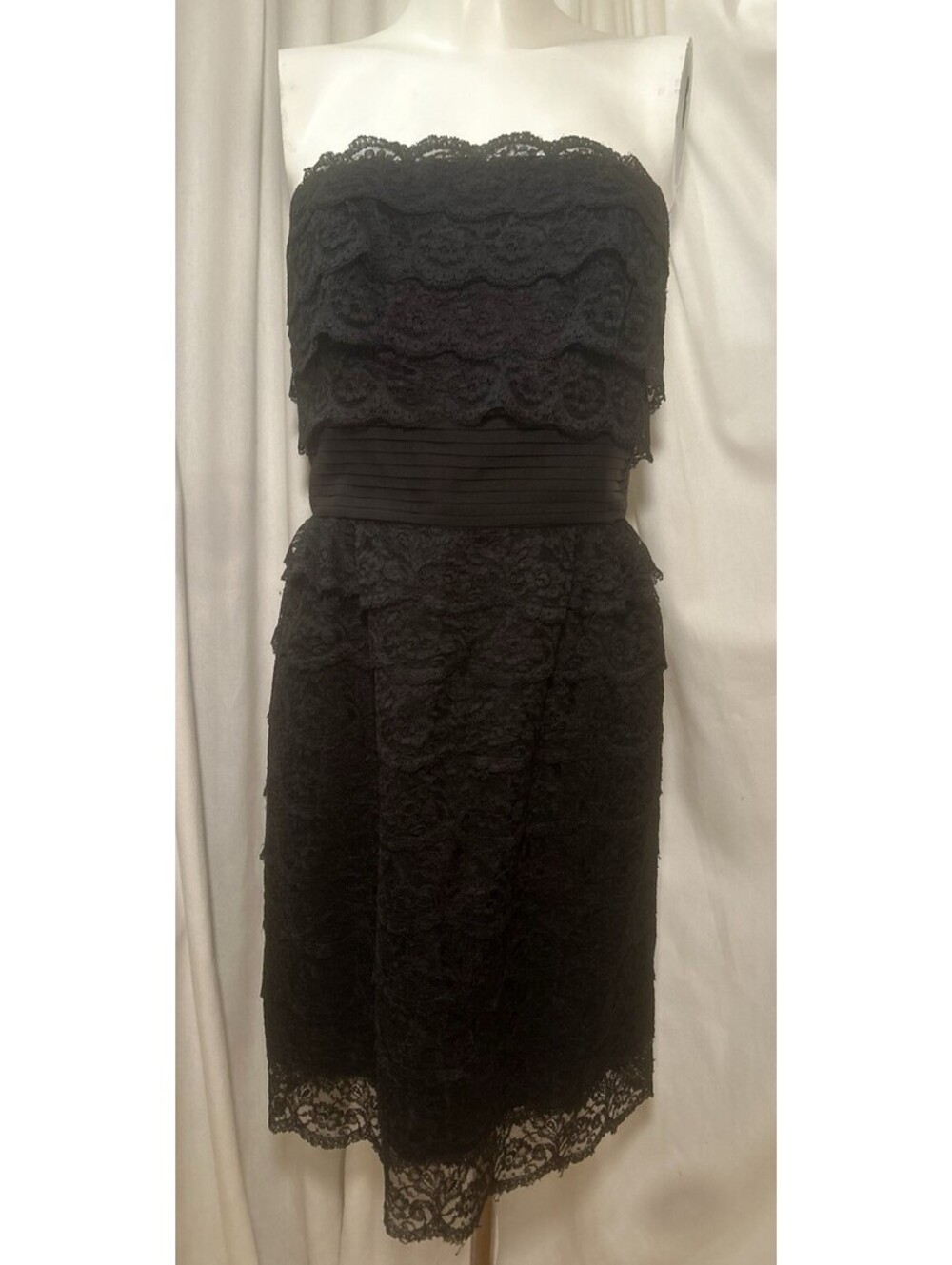 Vtg Ferman O’Grady Black Lace Strapless Tiered Wiggle Cocktail Dress SZ M/L